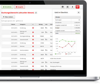 Onlineplaner: Buchungsübersicht des Web-Budgetplaners